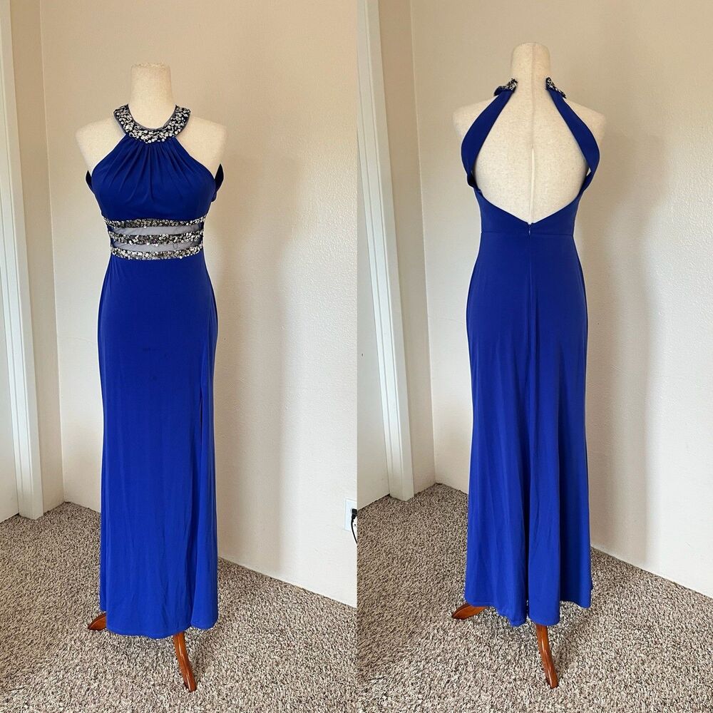 Blondie Nites Blue Sequin Embellished Open Back Gown Sz 3 Party Prom Maxi Dress